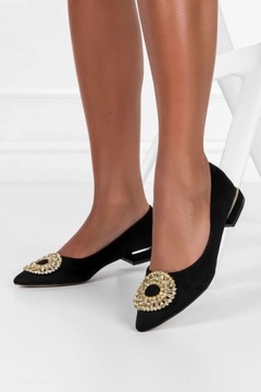 BALERINY DAMSKIE WSUWANE PÓŁBUTY SKÓRZANA WKŁADKA ELEGANCKA OZDOBA r 38