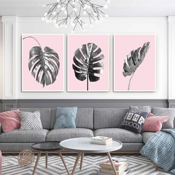 TRYPTYK ZESTAW KOMPLET 3X PLAKATY SREBRNE LIŚCIE MONSTERY RÓŻ A0 70x100cm
