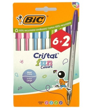 BIC, Cristal Fun Кольори, ручки кулькові, мікс кольорів, 8 шт. (6+2)