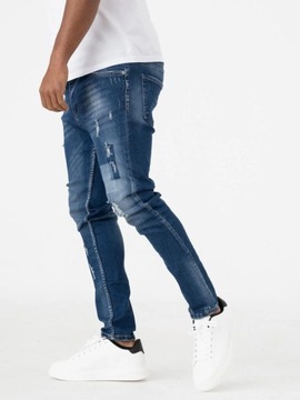 SPODNIE JEANSOWE MĘSKIE Z Uszkodzeniami MODNE Skinny Niebieskie i8 Denim 36