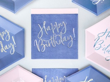 Zestaw Kubeczki Talerzyki Serwetki Granatowe Happy Birthday! URODZINY 44szt