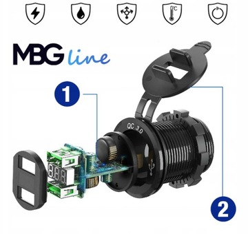 Зарядное устройство для мотоцикла 2x USB QC3.0 вольтметр 3A C