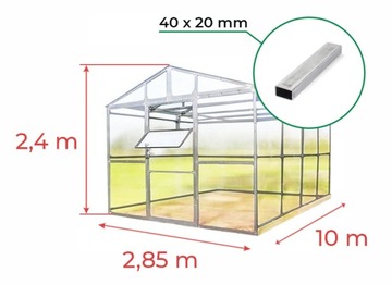 SZKLARNIA z POLIWĘGLANU 2,85x10m OCYNK DOM 40x20mm