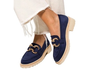 MOKASYNY DAMSKIE PÓŁBUTY WSUWANE NA PLATFORMIE Z MODNĄ ZŁOTĄ OZDOBĄ r 39