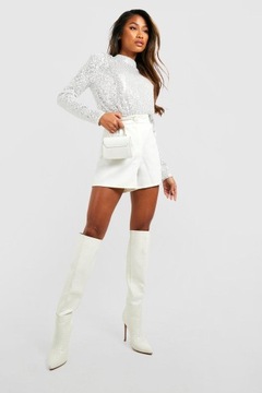 BOOHOO СЕРЕБРЯНЫЙ БОДИ С ПАЙЕТКАМИ ВОРОТНИК-СТОЙКА PUU THING NG2__L