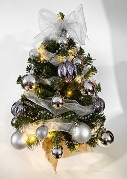 Елка маленькая 50 см с украшениями, серебро DECORATIONS, готовая, LED, нарядная, ХИТ