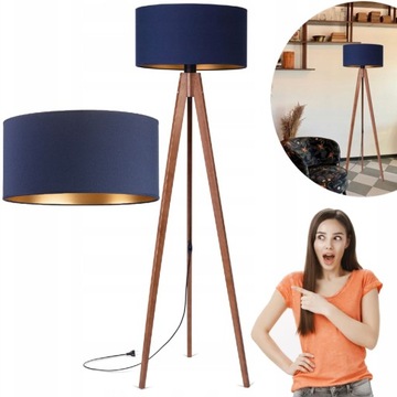 LAMPA STOJĄCA PODŁOGOWA TRÓJNÓG DREWNIANY ABAŻUR GRANATOWY ZŁOTY