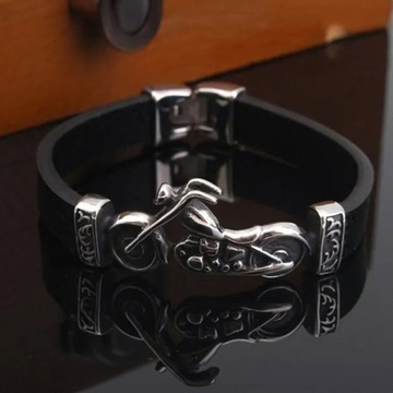 BRANSOLETKA MĘSKA SKÓRZANA DLA MOTOCYKLISTY CZARNA PLECIONA SKÓRA MOTOCYKL