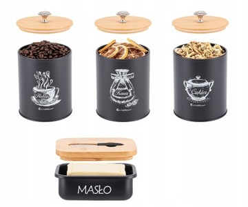 ЧЕРНЫЙ НАБОР ИЗ 3 КОНТЕЙНЕРОВ КОФЕ ЧАЙ САХАР + СТАЛЬНАЯ МАСЛЕНКА НОЖ