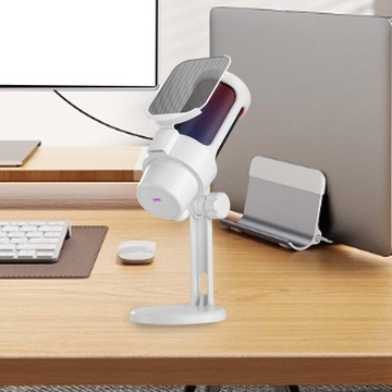 USB-микрофон Регулятор громкости GAIN RGB с фильтром Кардиоидный белый конденсатор