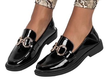 MOKASYNY DAMSKIE PÓŁBUTY LAKIEROWANE Z OZDOBĄ WKŁADKA SOFT PŁASKIE NEW 39