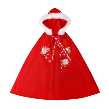 Zimowa damska peleryna w stylu chińskim Hanfu, ciepły płaszcz z kapturem Poncho w kolorze czerwonym