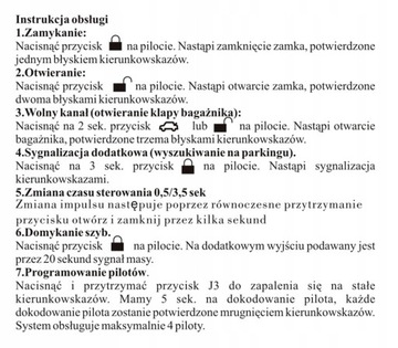 Контроллер центрального замка РАЗМЕЩЕНИЕ В АВТОМОБИЛЕ 2X ПУЛЬТА ДИСТАНЦИОННОГО УПРАВЛЕНИЯ МНОГОФУНКЦИОНАЛЬНЫМ