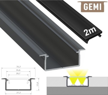 PROFIL LED NA 2 TAŚMY LED GEMI WPUSZCZANY CZARNY 2M Z CZARNYM KLOSZEM