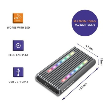 Корпус с твердотельным накопителем M.2 SATA NVMe RGB со светодиодной подсветкой, отсек для накопителя USB-C, емкость до 4 ТБ