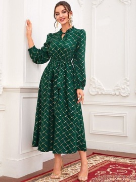 SHEIN zielona sukienka midi w złotą kratkę XL