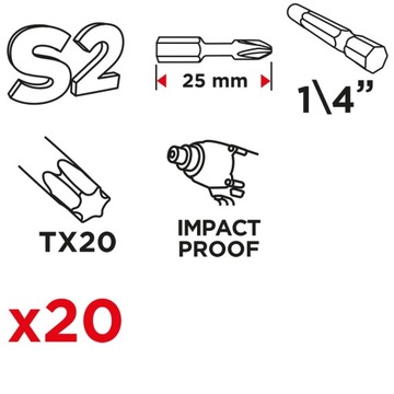 Ударные биты TX20 x 25 мм, 20 шт.