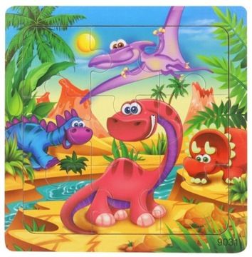 Drewniana Układanka 9 el. Puzzle Wesołe Dinozaury