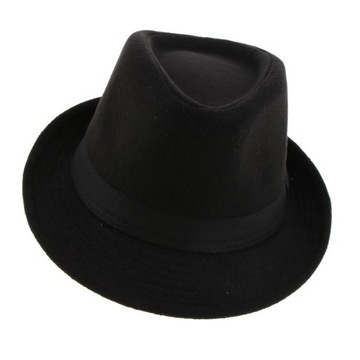 Retro ciepły, wełniany filcowy męski kapelusz gangsterski Trilby Fedora z wąskim rondem, czarny