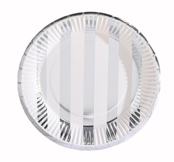 Talerzyki papierowe SREBRNE PASKI 18cm party