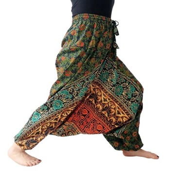 Szarawary spodnie alladynki haremki joga zielone wzory bawełna Indie