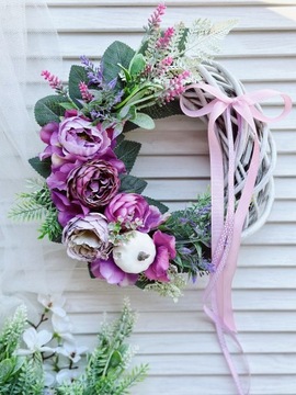 WIANEK JESIENNY KWIATOWY NA DRZWI WIKLINOWY STROIK WIENIEC WRZOSY PEŁNIKI