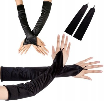 Rękawiczki satynowe retro Czarne długie strój Damskie za łokieć bez palców