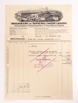 STARY NIEMIECKI RACHUNEK WILHELM V. SPERL HOF 1935