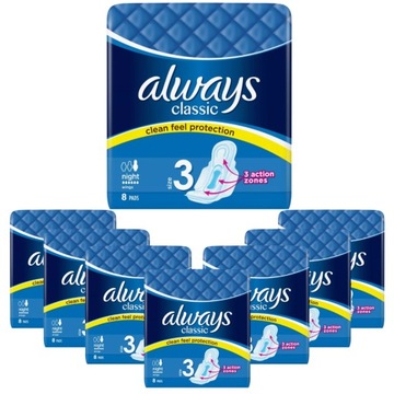 Podpaski Always Classic Night Higieniczne ze Skrzydełkami 8szt x8 Opakowań