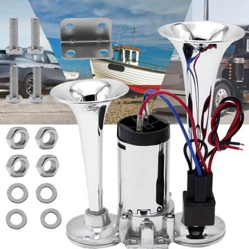 600DB 12V SUPER GŁOŚNE CHROMOWANE CYNKOWE PODWÓJNE TRĄBKI PNEUMATYCZNE