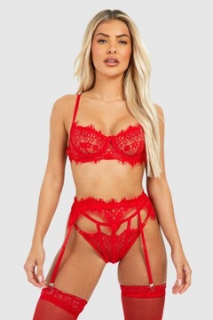 BOOHOO CZERWONY KORONKOWY KOMPLET BIELIZNY PDX NG6__M