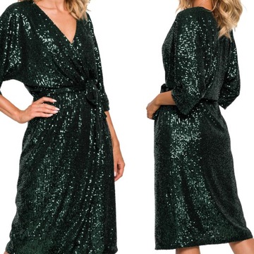 SUKIENKA ELEGANCKA NA WESELE KOBIECA CEKINOWA MIDI KOPERTOWA ZIELONA 44 XXL