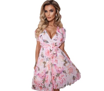 Sukienka elegancka kwiaty plisowana modna 40,42,44 zwiewna wesele komunię