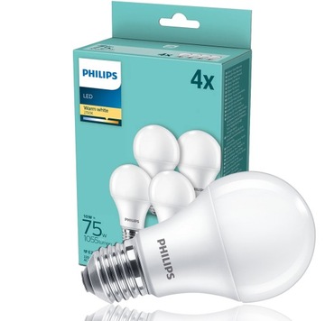 PHILIPS ZESTAW 4x Żarówka LED E27 10W = 75W 2700K CIEPŁA BIAŁA 1055lm A60