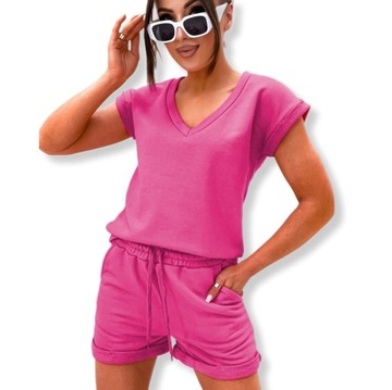 KOMPLET DRESOWY BAWEŁNIANY LETNI KOSZULKA T-SHIRT SZORTY RÓŻOWY PREMIUM S