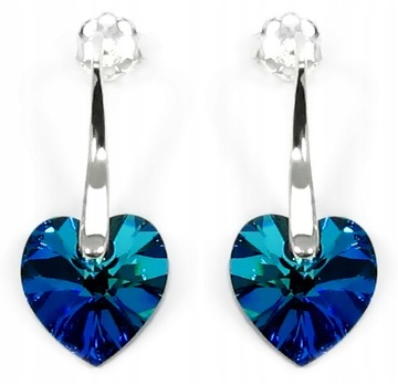KOLCZYKI SREBRNE SERCA SWAROVSKI SZTYFTY WISZĄCE SREBRO 925 BERMUDA BLUE