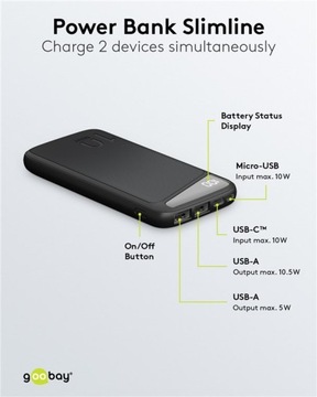 Powerbank для зарядки 10 000 мАч LED тонкий черный