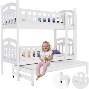 ŁÓŻKO PIĘTROWE DLA DZIECI DZIECIĘCE 3 OSOBOWE 190x80 cm Białe SOLIDNE SOSNA