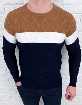 Granatowo-camelowy sweter meski paski HHL8039 XXL