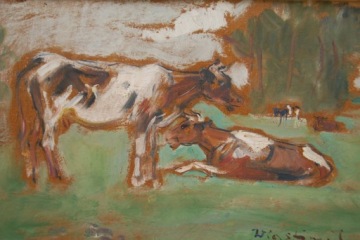 Властимил Хофман рисует «Коровы на пастбище», 1907 год.