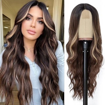 PERUKA blond i brąz DŁUGIE WŁOSY FALE 70 cm
