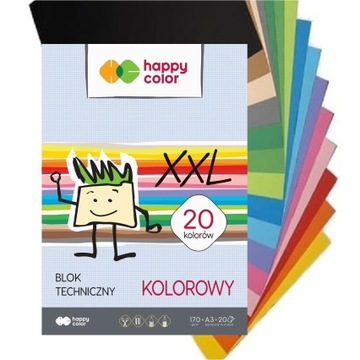 BLOK A3 TECHNICZNY KOLOROWY 170G 20 ARKUSZY HAPPY