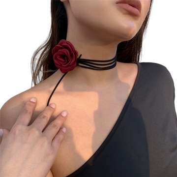 NASZYJNIK BORDOWY CHOKER RETRO RZEMYK SZNUREK MAŁA RÓŻA MATERIAŁ KWIAT