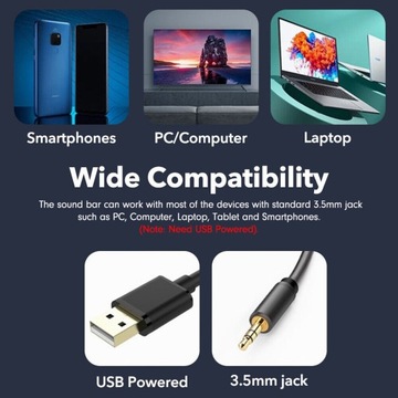 PRZENOŚNY Głośnik Stereo Soundbar USB do telewizora PC Komputer Czarny