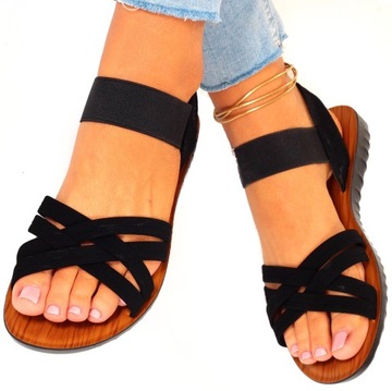 ЧЕРНЫЕ ЖЕНСКИЕ САНДАЛИИ, ПЛОСКОЕ ДНО, ЭЛАСТИЧНЫЕ ЛЕТНИЕ