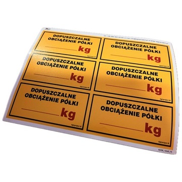 Dopuszczalne obciążenie półki ...kg - arkusz 6 naklejek - 100x50 - magazyn