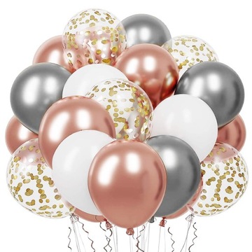 BALONY ROSE GOLD KONFETTI BIAŁE SZARE RÓŻOWE URODZINY 50 szt ZESTAW BALONÓW
