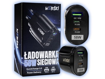 ŁADOWARKA SIECIOWA 3XUSB 58W 2xUSB-C PD 20W + USB QuickCharge 3.0 18W