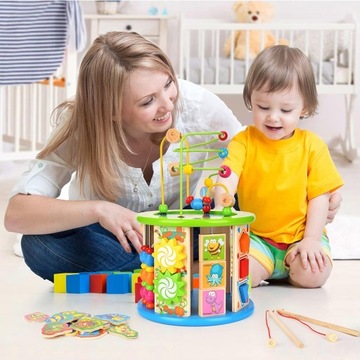 ДЕРЕВЯННЫЙ СЕНСОРНЫЙ КУБ МОНТЕССОРИ ОБРАЗОВАТЕЛЬНЫЙ СОРТЕР 11 в 1 РЫБНЫЕ БЛОКИ