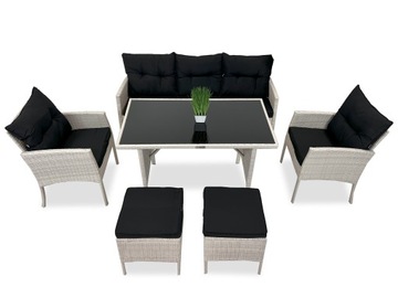 Zestaw meble ogrodowe rattanowe FOTEL x2+PUF x2+SOFA+STÓŁ na 7 osób BIAŁY